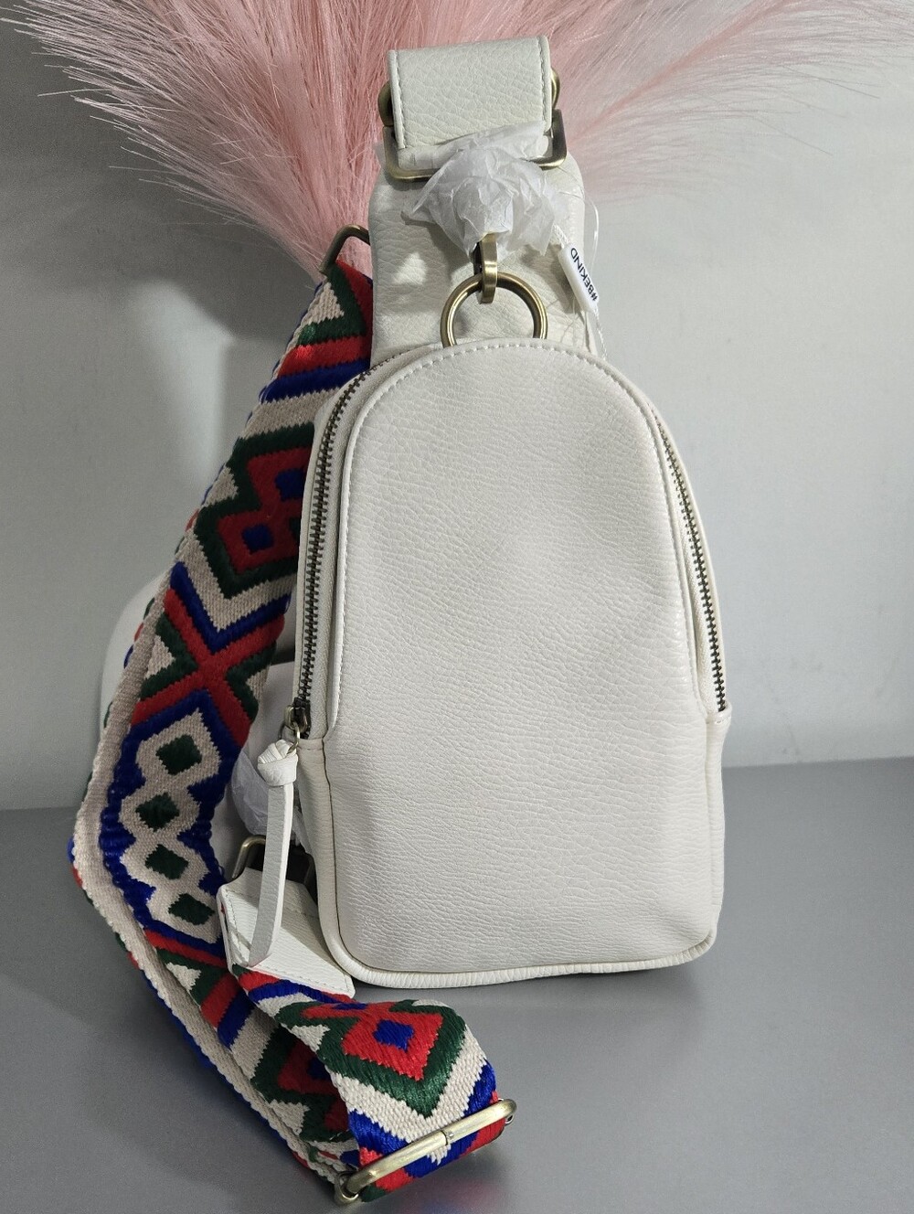 Urban Originals Anthropologie Sling Bag White Vegan Leather NWT W/ Geometric Str